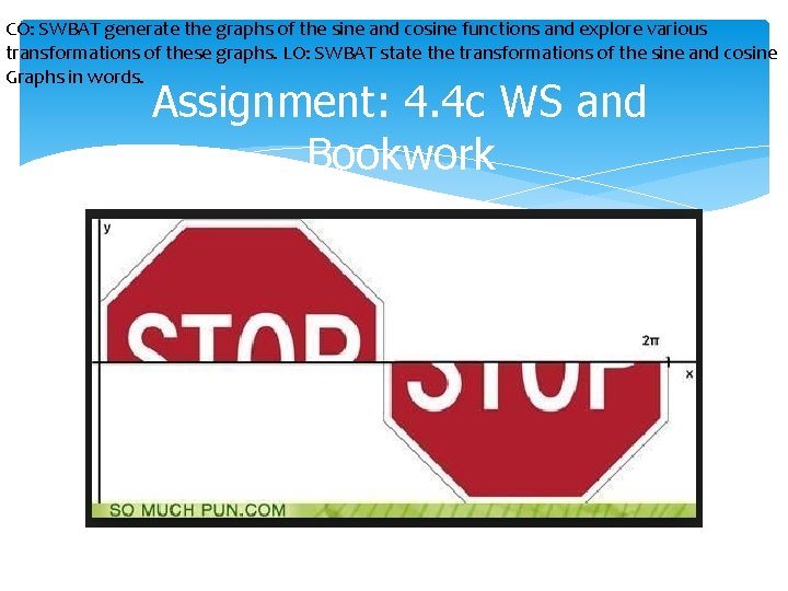 CO: SWBAT generate the graphs of the sine and cosine functions and explore various CO: SWBAT generate the graphs of the sine and cosine functions and explore various