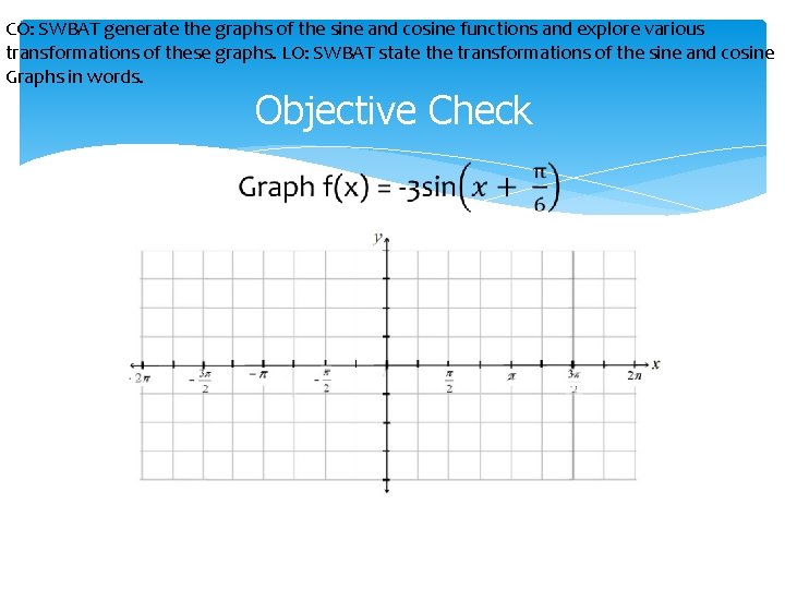 CO: SWBAT generate the graphs of the sine and cosine functions and explore various