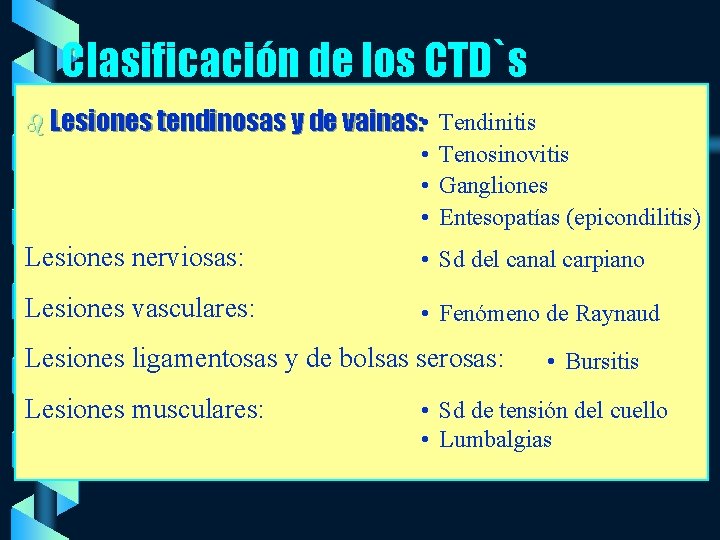 Clasificación de los CTD`s b Lesiones tendinosas y de vainas: • Tendinitis • Tenosinovitis