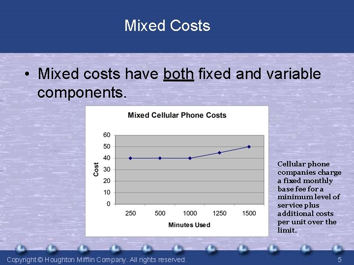 Mixed Costs • Mixed costs have both fixed and variable components. Cellular phone companies