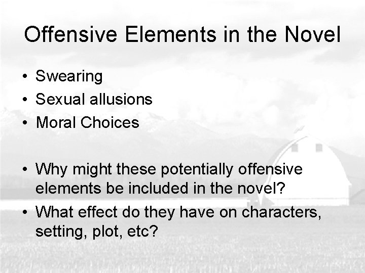 Offensive Elements in the Novel • Swearing • Sexual allusions • Moral Choices •