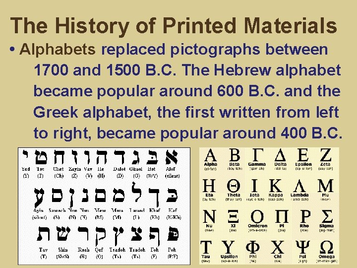 The History of Printed Materials • Alphabets replaced pictographs between 1700 and 1500 B.