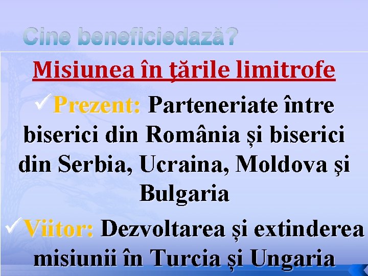 Cine beneficiedază? Misiunea în ţările limitrofe üPrezent: Parteneriate între biserici din România și biserici