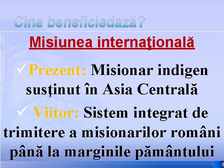 Cine beneficiedază? Misiunea internaţională üPrezent: Misionar indigen susţinut în Asia Centrală ü Viitor: Sistem