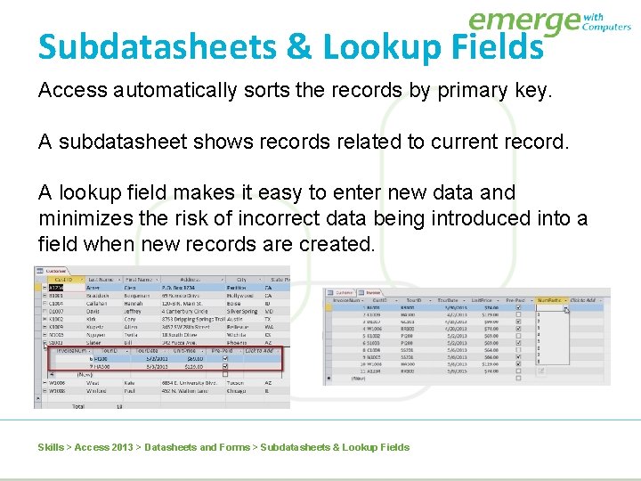 Subdatasheets & Lookup Fields Access automatically sorts the records by primary key. A subdatasheet