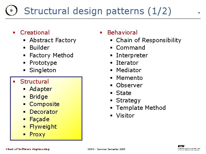 Structural design patterns (1/2) § Creational § Abstract Factory § Builder § Factory Method