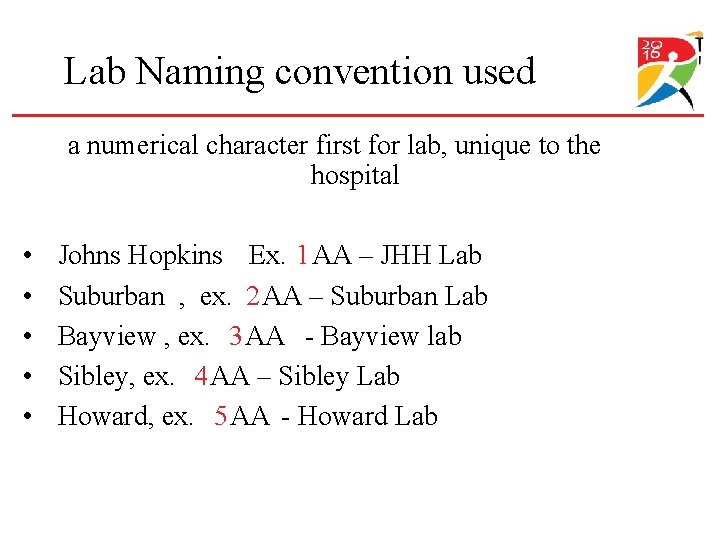 Lab Naming convention used a numerical character first for lab, unique to the hospital Lab Naming convention used a numerical character first for lab, unique to the hospital