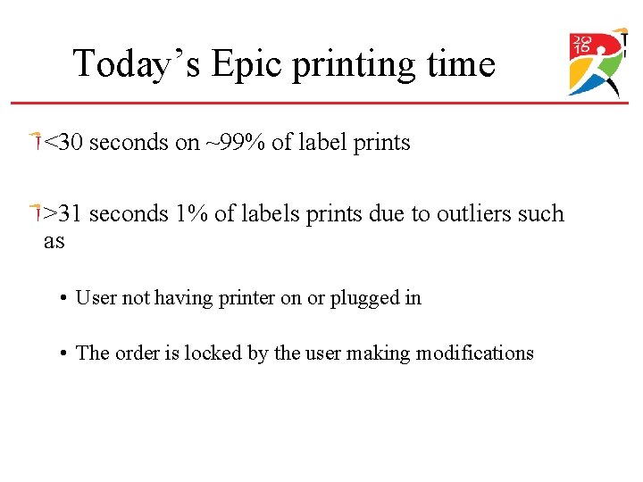 Today’s Epic printing time <30 seconds on ~99% of label prints >31 seconds 1% Today’s Epic printing time <30 seconds on ~99% of label prints >31 seconds 1%