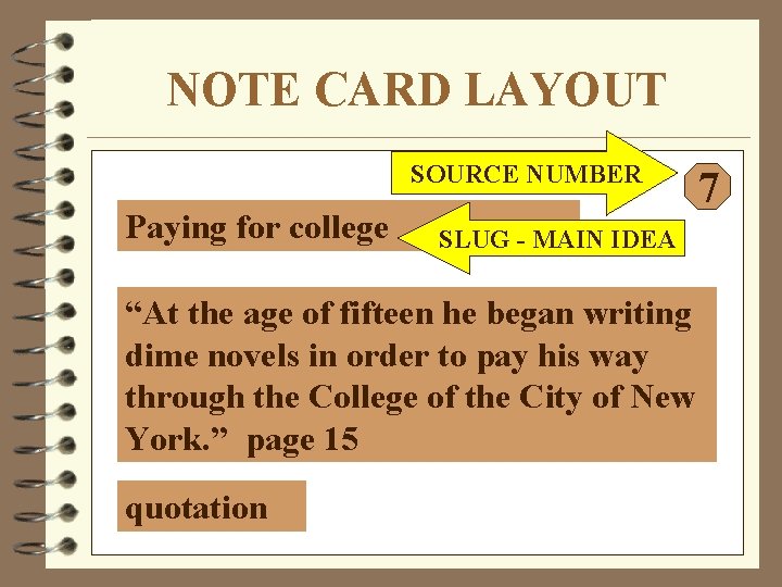 NOTE CARD LAYOUT SOURCE NUMBER Paying for college SLUG - MAIN IDEA “At the