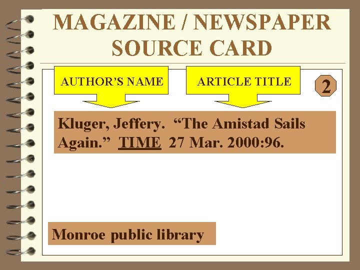 MAGAZINE / NEWSPAPER SOURCE CARD AUTHOR’S NAME ARTICLE TITLE Kluger, Jeffery. “The Amistad Sails