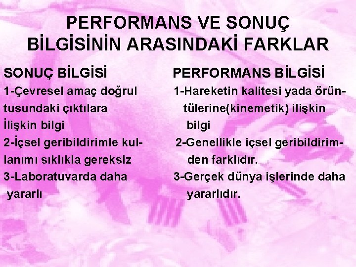 PERFORMANS VE SONUÇ BİLGİSİNİN ARASINDAKİ FARKLAR SONUÇ BİLGİSİ PERFORMANS BİLGİSİ 1 -Çevresel amaç doğrul