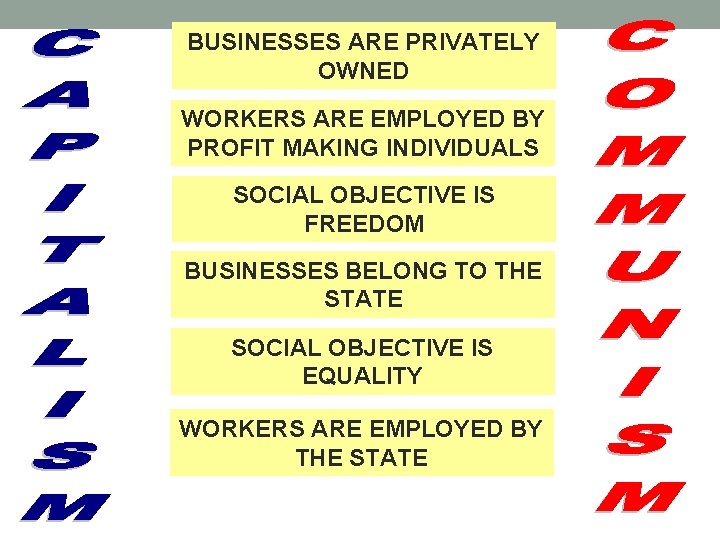 BUSINESSES ARE PRIVATELY OWNED WORKERS ARE EMPLOYED BY PROFIT MAKING INDIVIDUALS SOCIAL OBJECTIVE IS