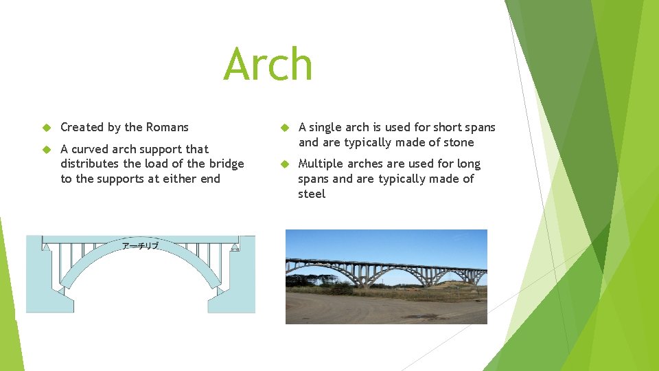 Arch Created by the Romans A curved arch support that distributes the load of