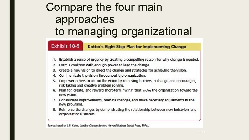 Compare the four main approaches to managing organizational change 18 -22 