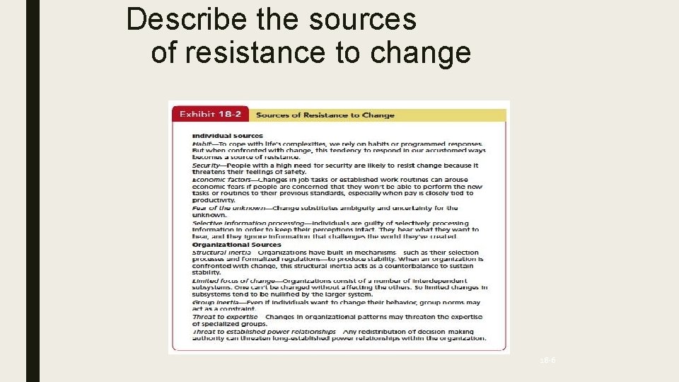 Describe the sources of resistance to change 18 -6 