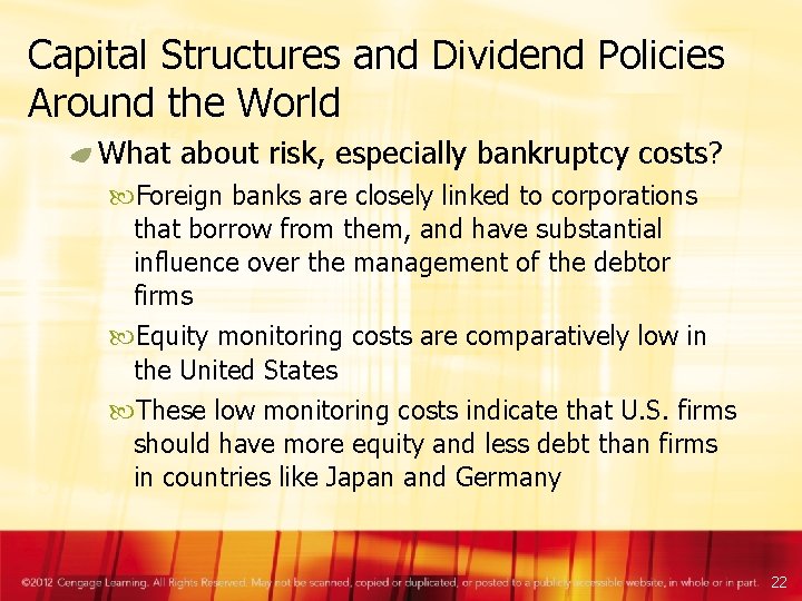 Capital Structures and Dividend Policies Around the World What about risk, especially bankruptcy costs?