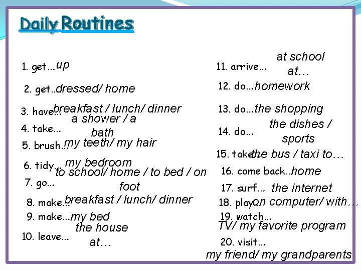 Daily Routines 1. get… up 2. get…dressed/ home at school 11. arrive… at… 12.