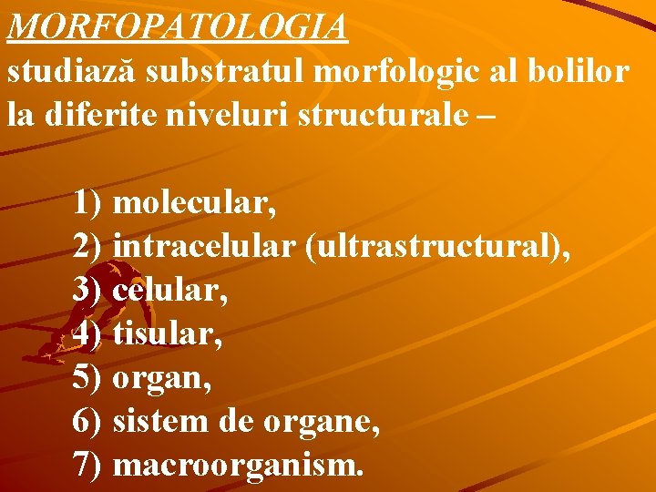 MORFOPATOLOGIA studiază substratul morfologic al bolilor la diferite niveluri structurale – 1) molecular, 2)