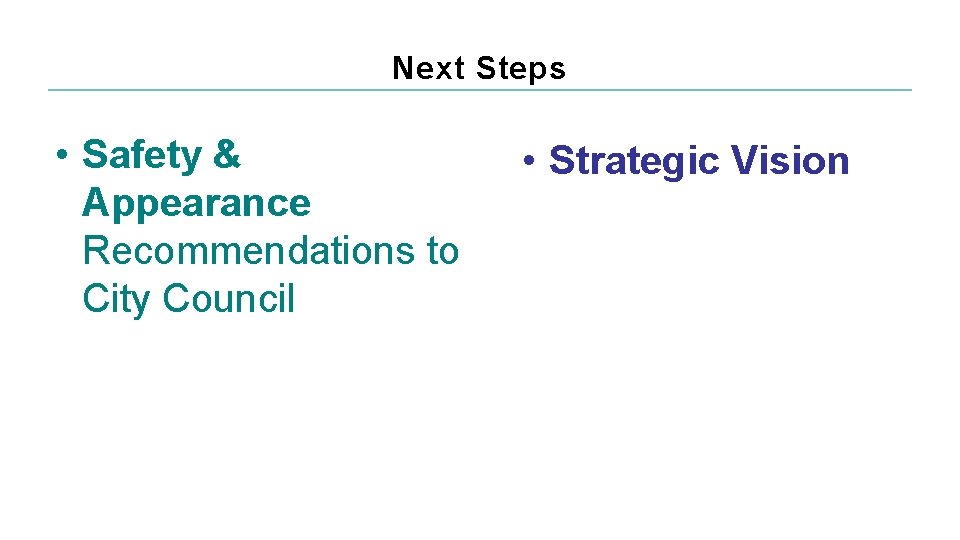 Next Steps • Safety & Appearance Recommendations to City Council • Strategic Vision 