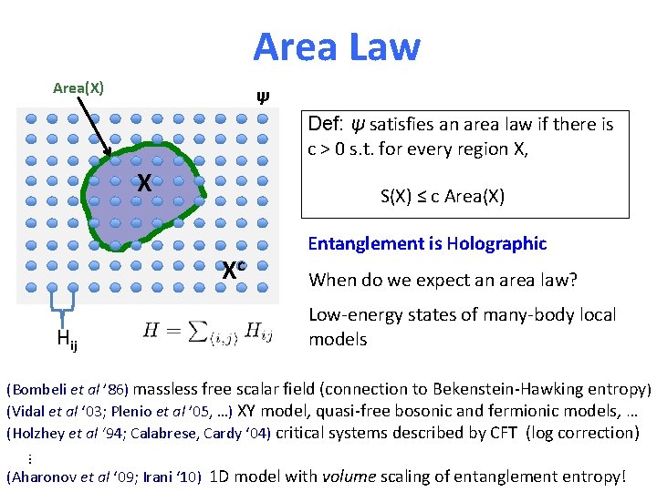 Area Law Area(X) ψ Def: ψ satisfies an area law if there is c