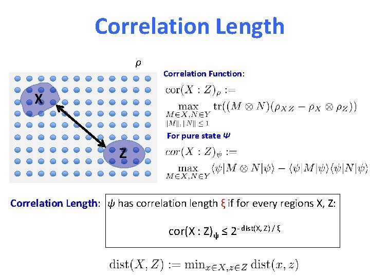 Correlation Length ρ Correlation Function: X For pure state Ψ Z Correlation Length: ψ
