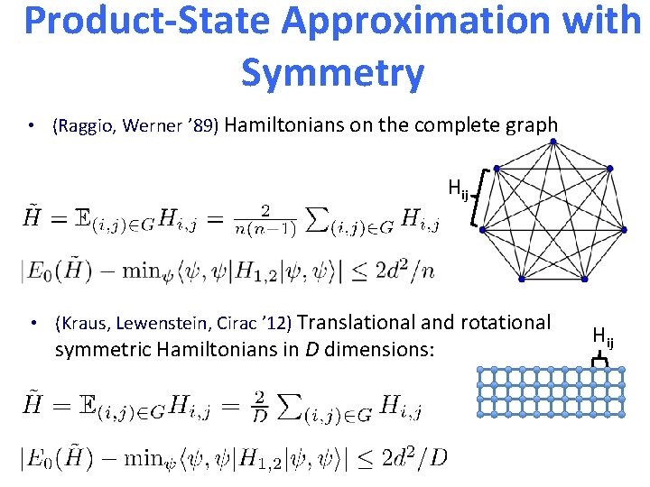 Product-State Approximation with Symmetry • (Raggio, Werner ’ 89) Hamiltonians on the complete graph