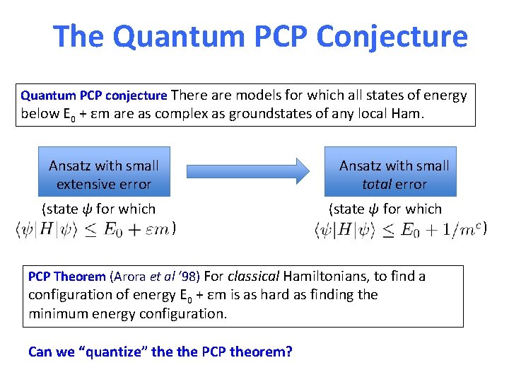 The Quantum PCP Conjecture Quantum PCP conjecture There are models for which all states