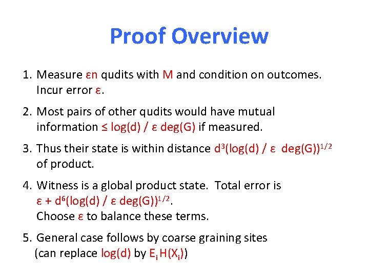 Proof Overview 1. Measure εn qudits with M and condition on outcomes. Incur error