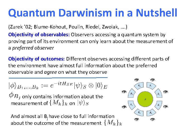 Quantum Darwinism in a Nutshell (Zurek ’ 02; Blume-Kohout, Poulin, Riedel, Zwolak, …. )