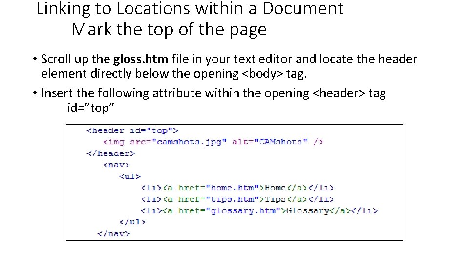 Linking to Locations within a Document Mark the top of the page • Scroll