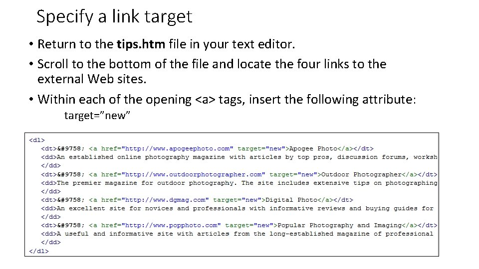 Specify a link target • Return to the tips. htm file in your text