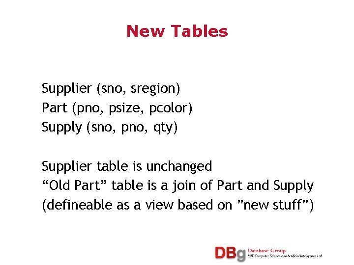 New Tables Supplier (sno, sregion) Part (pno, psize, pcolor) Supply (sno, pno, qty) Supplier