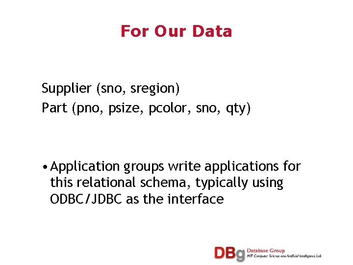 For Our Data Supplier (sno, sregion) Part (pno, psize, pcolor, sno, qty) • Application
