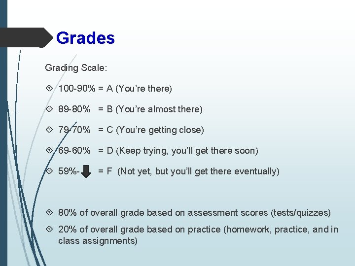 Grades Grading Scale: 100 -90% = A (You’re there) 89 -80% = B (You’re