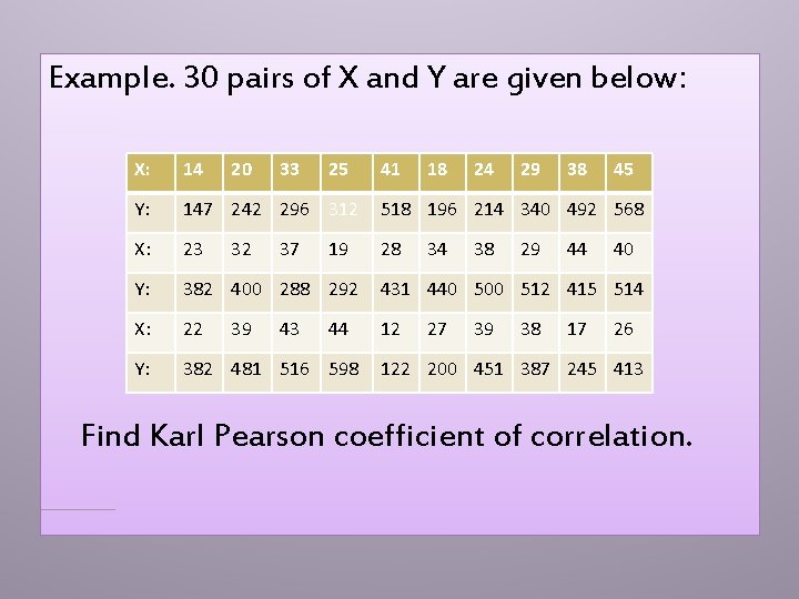 Example. 30 pairs of X and Y are given below: X: 14 20 Y: