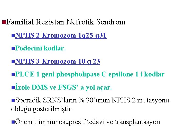 n. Familial n. NPHS Rezistan Nefrotik Sendrom 2 Kromozom 1 q 25 -q 31