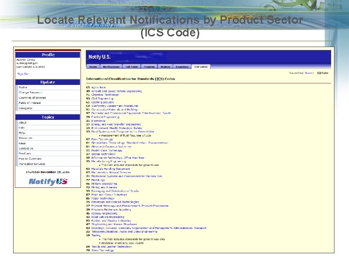 Locate Relevant Notifications by Product Sector (ICS Code) 