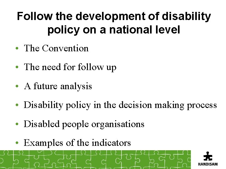 Follow the development of disability policy on a national level • The Convention •