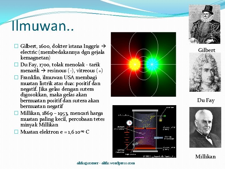 Ilmuwan. . � Gilbert, 1600, dokter istana Inggris electric (membedakannya dgn gejala kemagnetan) �