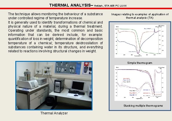 THERMAL ANALYSIS– Netzsh, STA 409 PC LUXX The technique allows monitoring the behaviour of