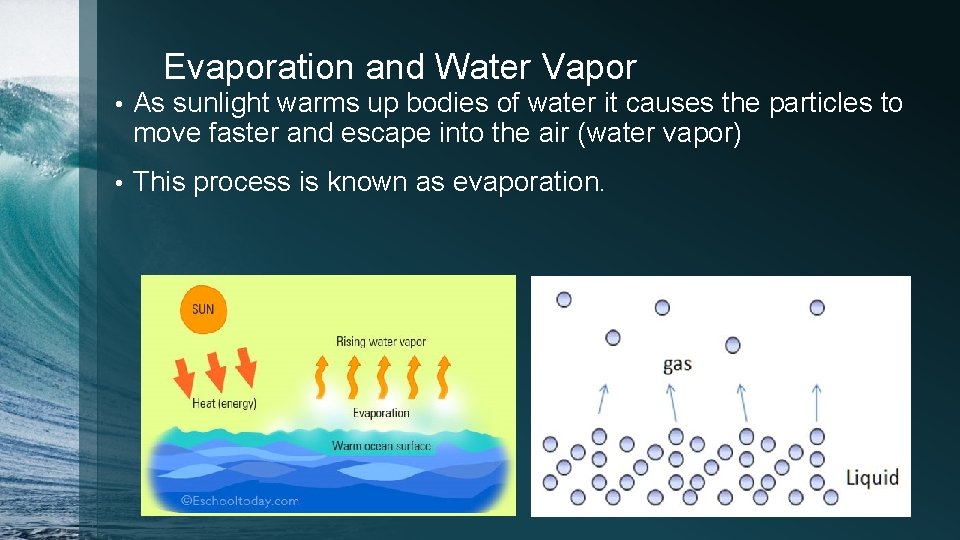 Evaporation and Water Vapor • As sunlight warms up bodies of water it causes