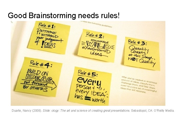 Good Brainstorming needs rules! Duarte, Nancy (2008). Slide: ology: The art and science of