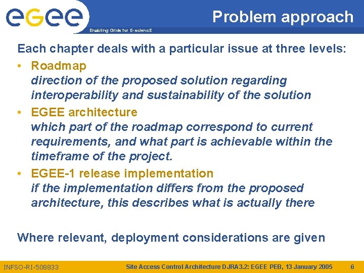 Problem approach Enabling Grids for E-scienc. E Each chapter deals with a particular issue
