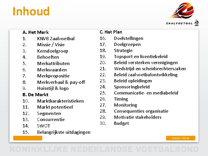 Inhoud A. Het Merk 1. KNVB Zaalvoetbal 2. Missie / Visie 3. Kerndoelgroep 4.