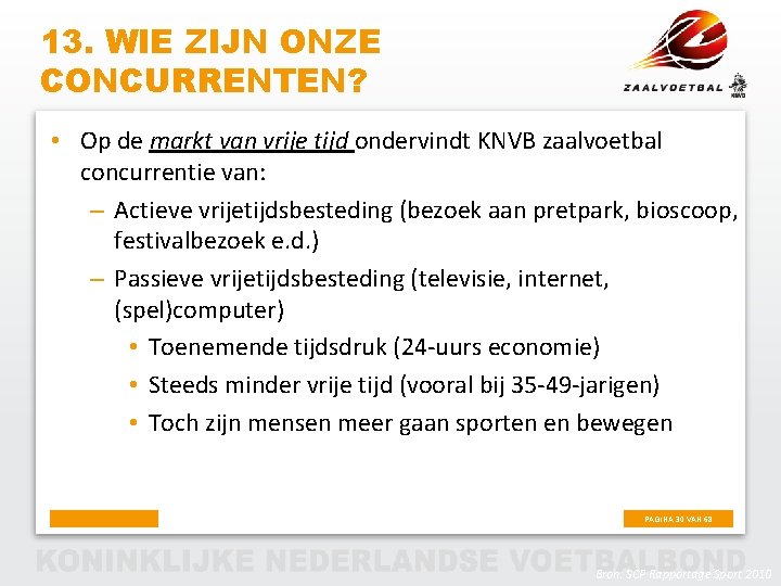 13. WIE ZIJN ONZE CONCURRENTEN? • Op de markt van vrije tijd ondervindt KNVB