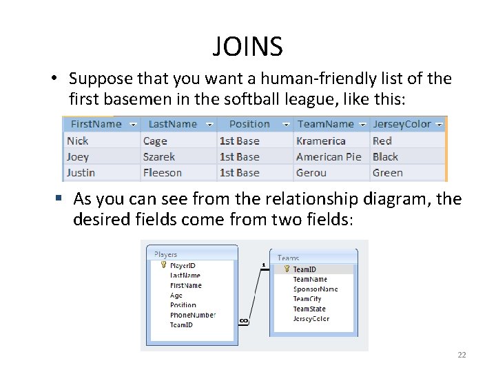 JOINS • Suppose that you want a human-friendly list of the first basemen in