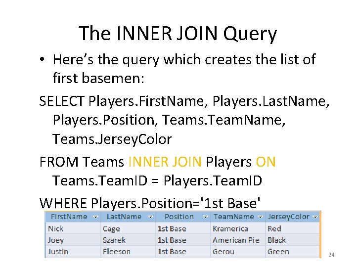 The INNER JOIN Query • Here’s the query which creates the list of first