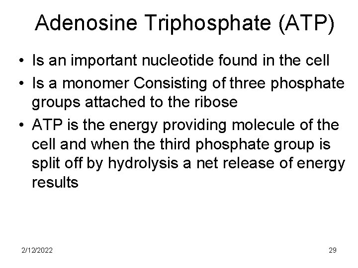 Adenosine Triphosphate (ATP) • Is an important nucleotide found in the cell • Is