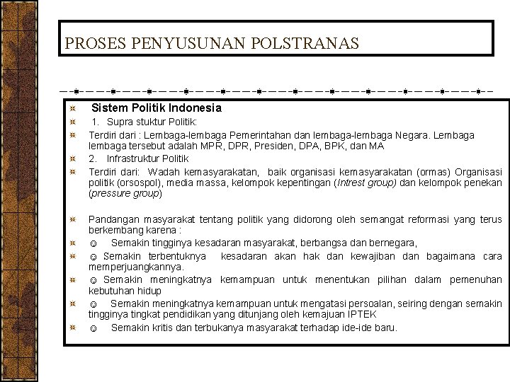 PROSES PENYUSUNAN POLSTRANAS Sistem Politik Indonesia 1. Supra stuktur Politik: Terdiri dari : Lembaga-lembaga