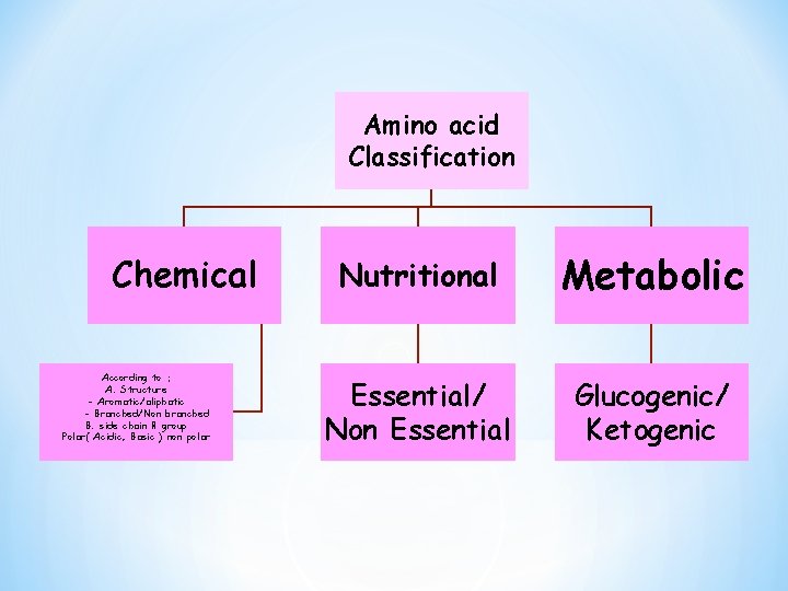 Amino acid Classification Chemical According to : A. Structure - Aromatic/aliphatic - Branched/Non branched